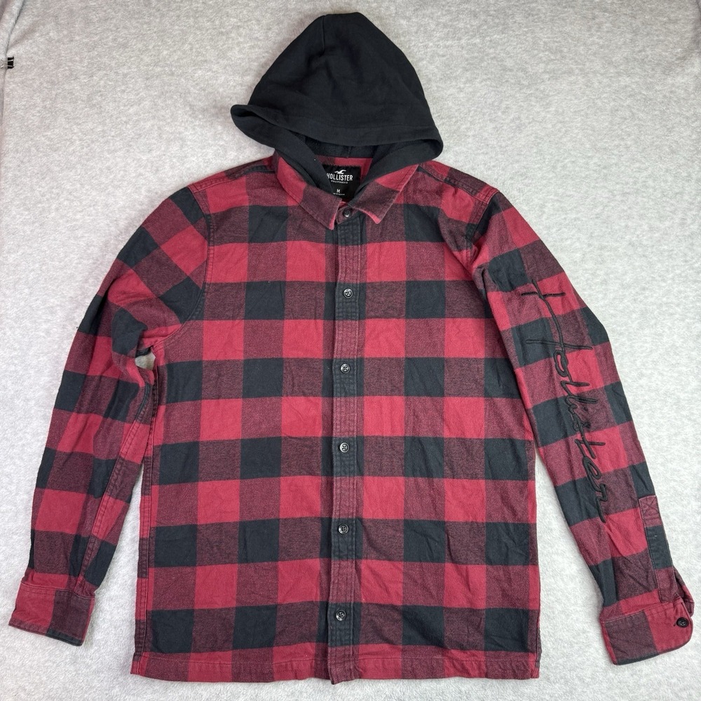 Hollister Flannel Shirt w/ Hood Red Blk Buffalo Plaid Men M Logo Embroidered Y2K